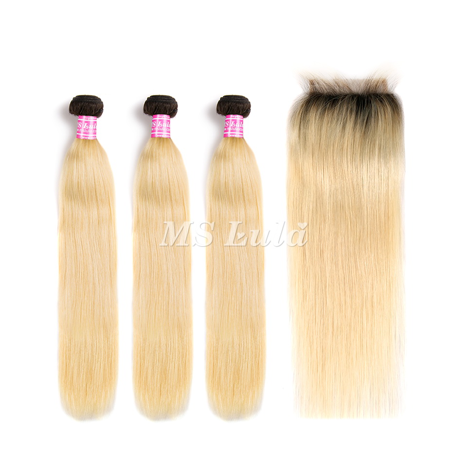 Black Roots 1b/613 Ombre Color Straight Virgin Hair Bundles With 4x4 Lace Closure